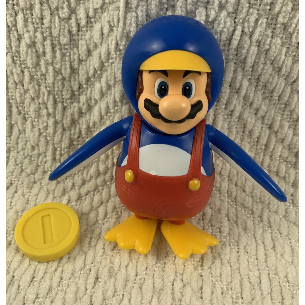 Super Mario PENGUIN MARIO with Coin 4"‎ Inch Jakks Figure World of Nintendo EUC